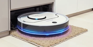 a robot vacuum cleaner on a rug