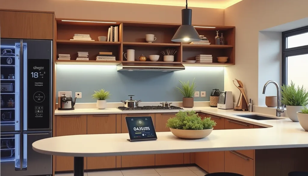 a kitchen with a tablet on a counter