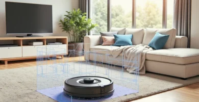 a robot vacuum cleaner in a living room