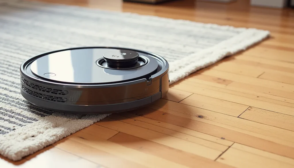 a robotic vacuum cleaner on a wood floor