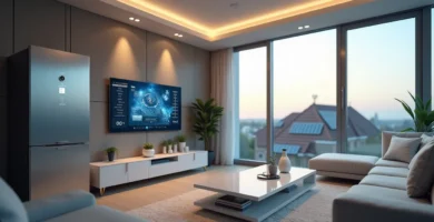 a living room with a tv and a large window