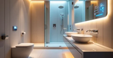 a bathroom with a shower and sinks