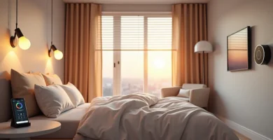 a bed with a window and a view of the city